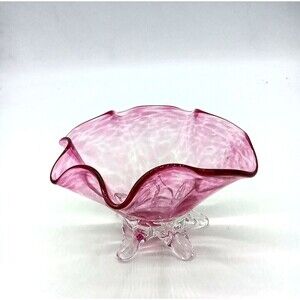 Bohemia Czech Cranberry Pink To Clear 5 Footed Crimped 7" Art Glass Bowl